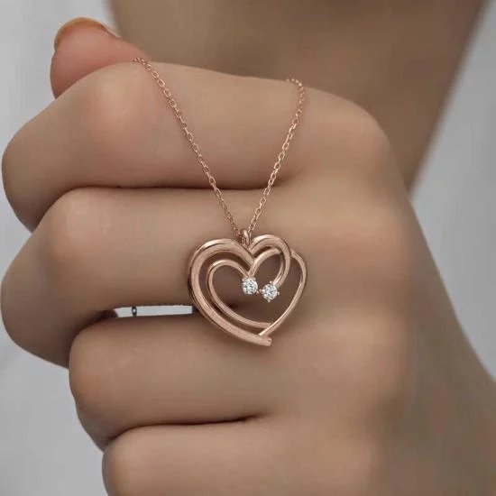 Gümüş Rose Birleşmiş Kalpler Kadın Kolye - Görsel 2