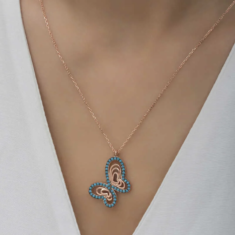 Gümüş Rose Turkuaz Taşlı Kelebek Kadın Kolye - Görsel 3