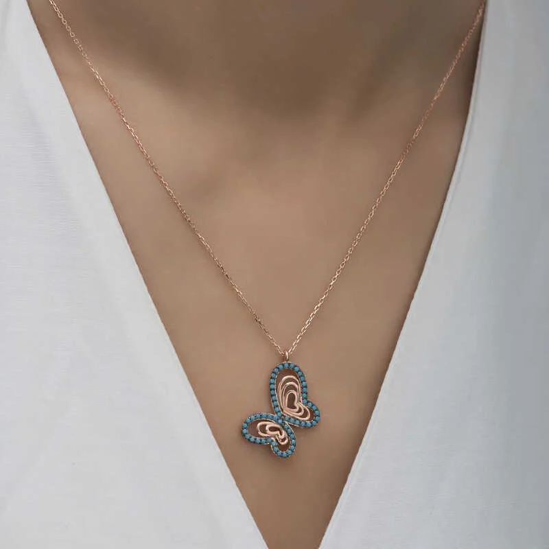 Gümüş Rose Turkuaz Taşlı Kelebek Kadın Kolye - Görsel 5