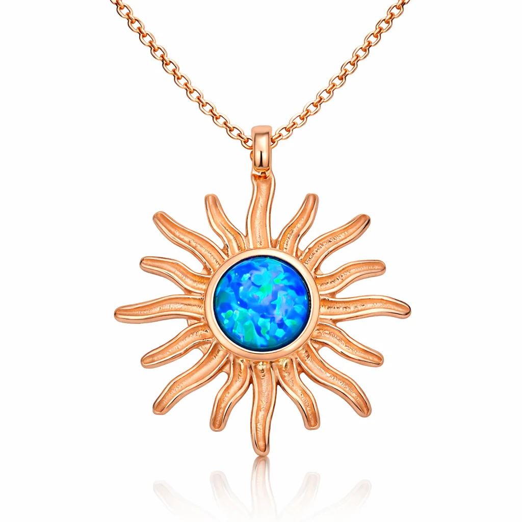 Gümüş Rose Mavi Opal Taşlı Güneş Kadın Kolye