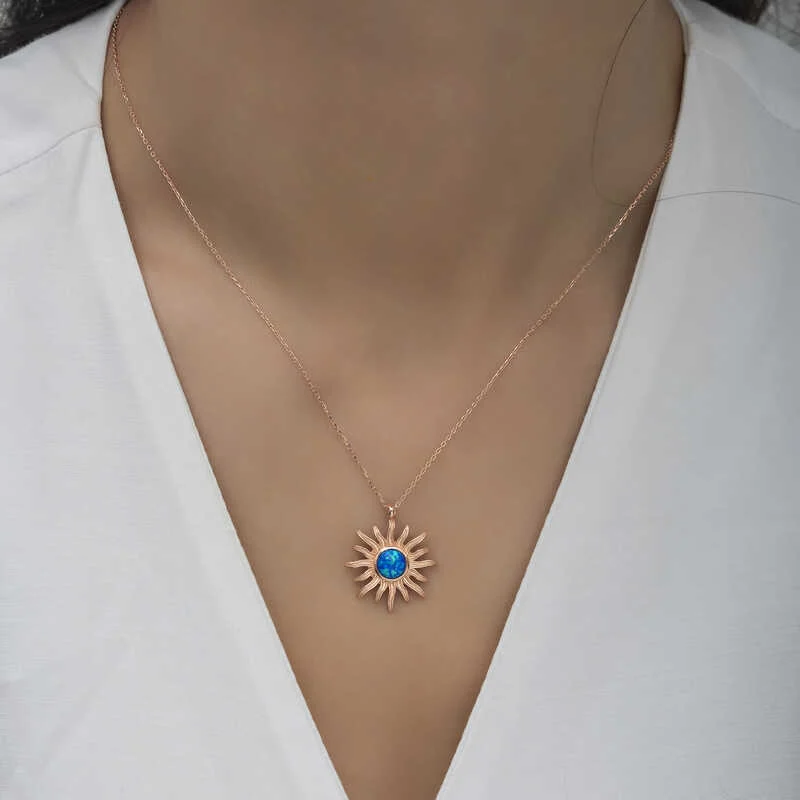 Gümüş Rose Mavi Opal Taşlı Güneş Kadın Kolye - Görsel 2