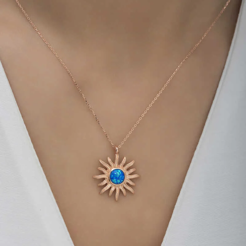 Gümüş Rose Mavi Opal Taşlı Güneş Kadın Kolye - Görsel 3