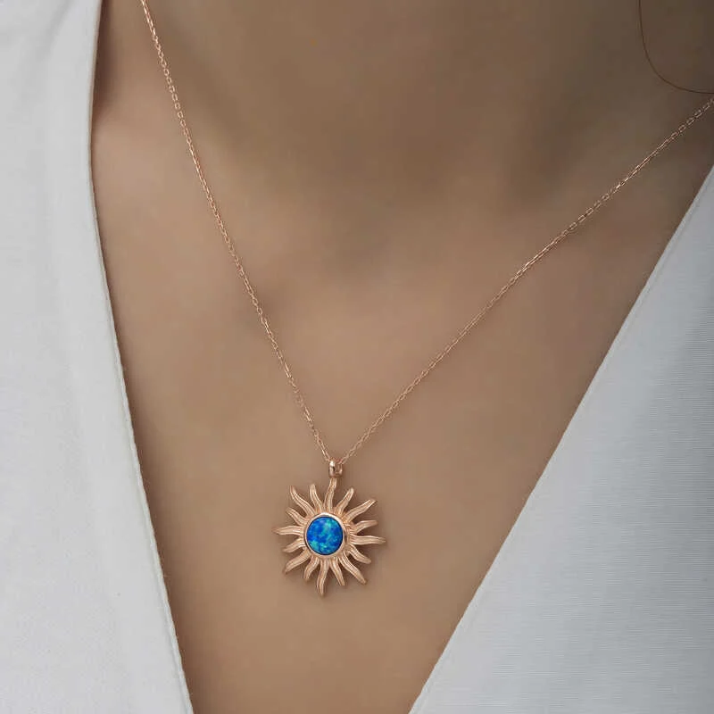 Gümüş Rose Mavi Opal Taşlı Güneş Kadın Kolye - Görsel 4