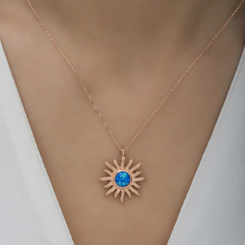 Gümüş Rose Mavi Opal Taşlı Güneş Kadın Kolye - Görsel 5