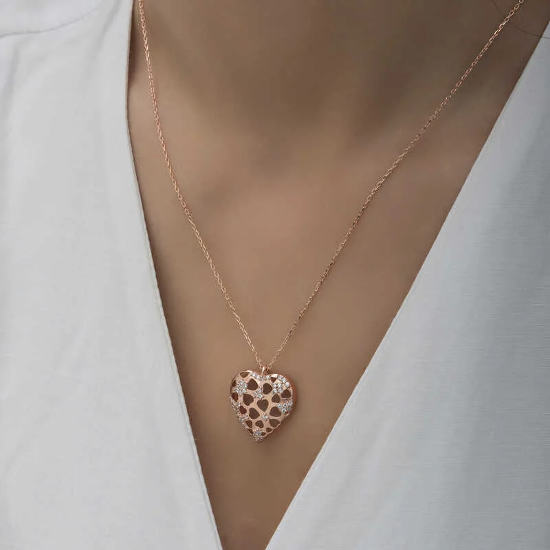 Gümüş Rose Bombeli Kalp Kadın Kolye - Görsel 5