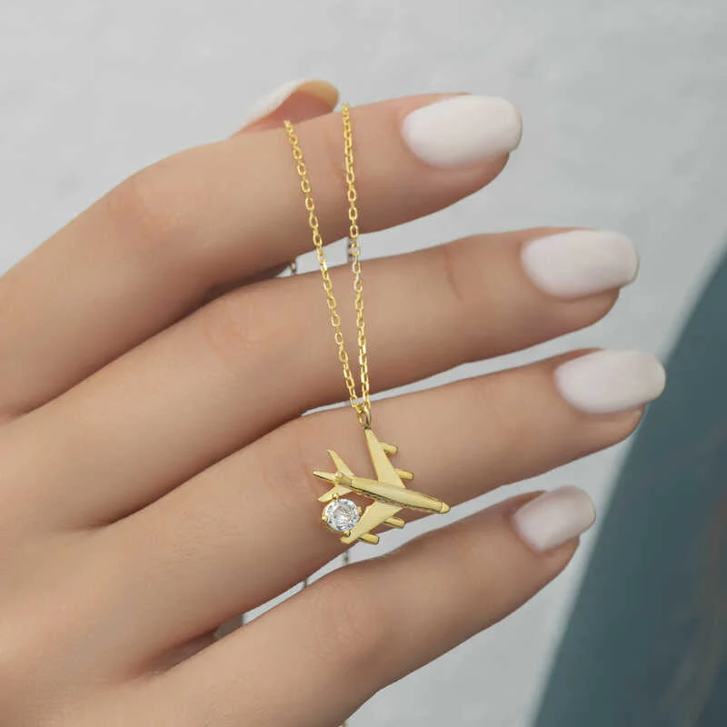 Gümüş Gold Tek Taşlı Uçak Kadın Kolye - Görsel 4