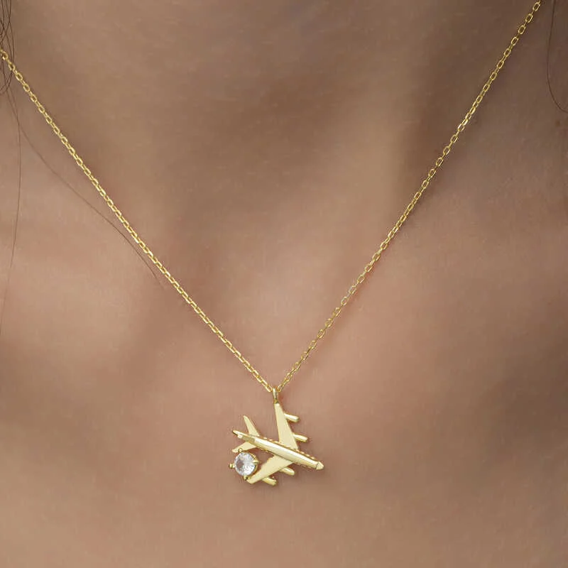 Gümüş Gold Tek Taşlı Uçak Kadın Kolye - Görsel 5