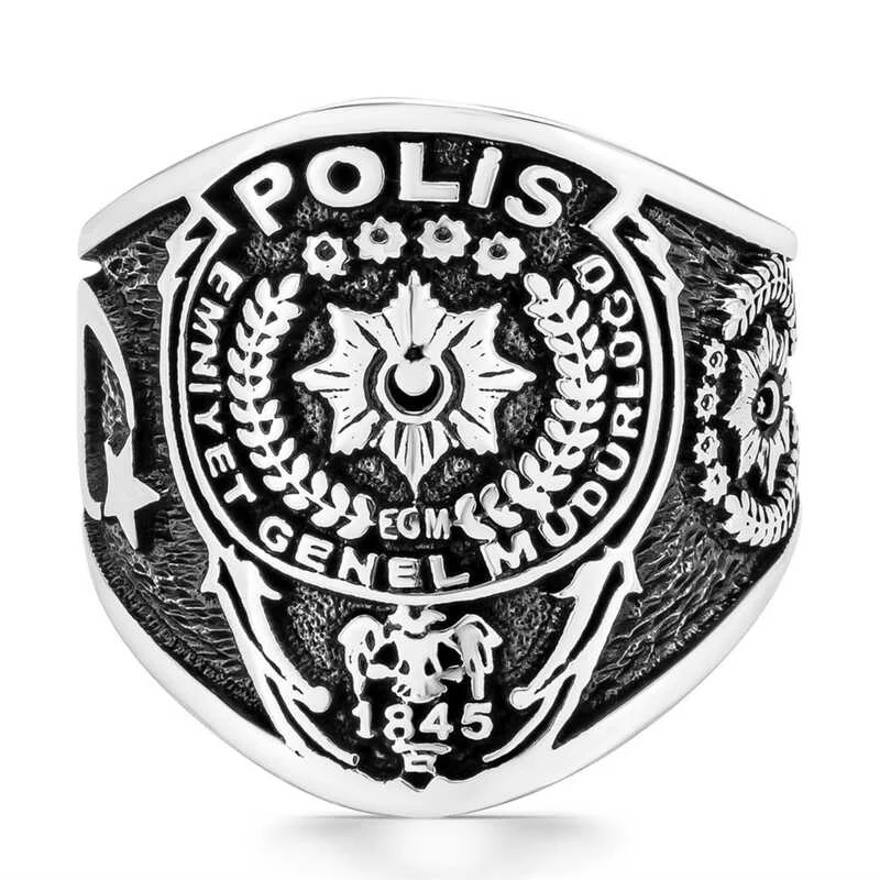 Gümüş Polis Armalı Türk Desenli Erkek Yüzük - Görsel 4