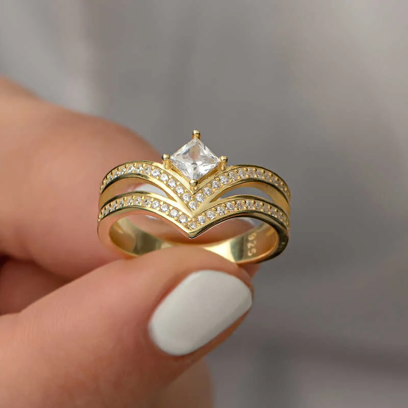 Gümüş Gold Tek Taş Kadın Yüzük - Görsel 3