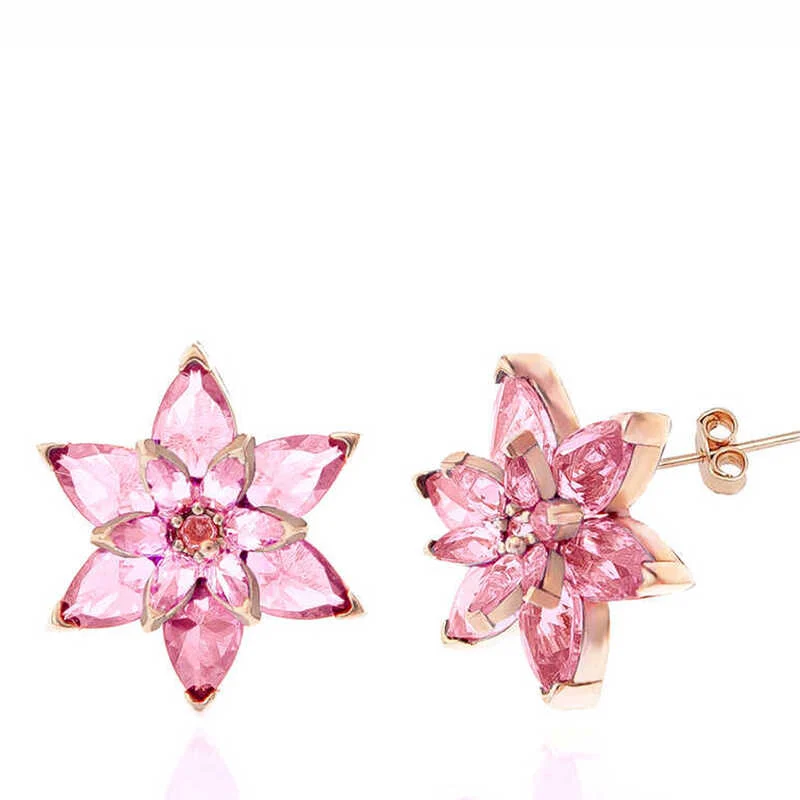 Gümüş Rose Pembe Lotus Çiçeği Çivili Kadın Küpe