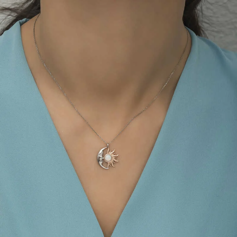 Gümüş Opal Beyaz Taşlı Ay Güneş Kadın Kolye - Görsel 2
