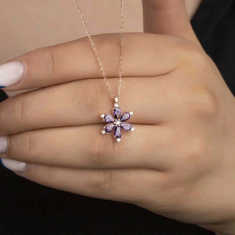 Gümüş Rose Mor Lotus Çiçeği Kadın Kolye - Görsel 2