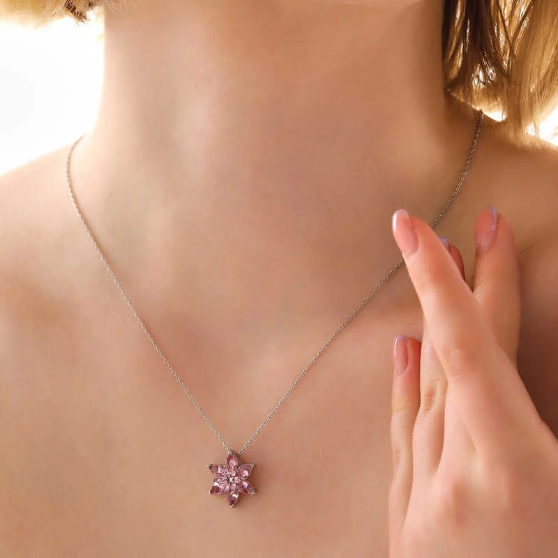 Gümüş Pembe Lotus Çiçeği Kolye - Görsel 2