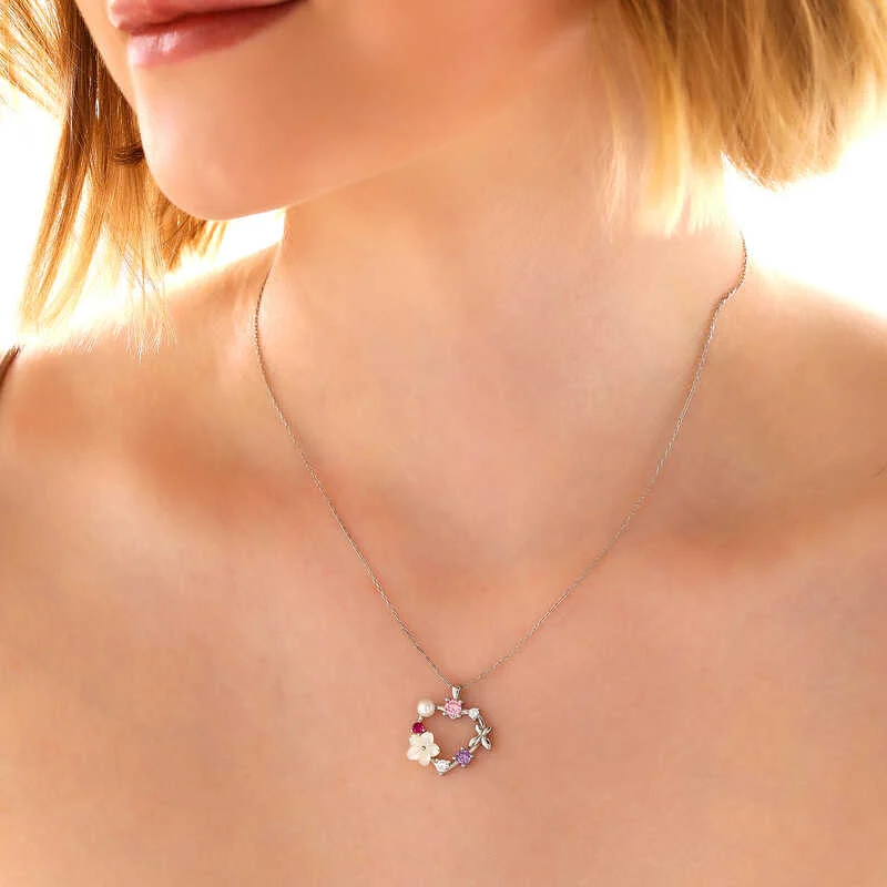 Gümüş Kalp Manolya Çiçeği Kelebek Kadın Kolye - Görsel 2