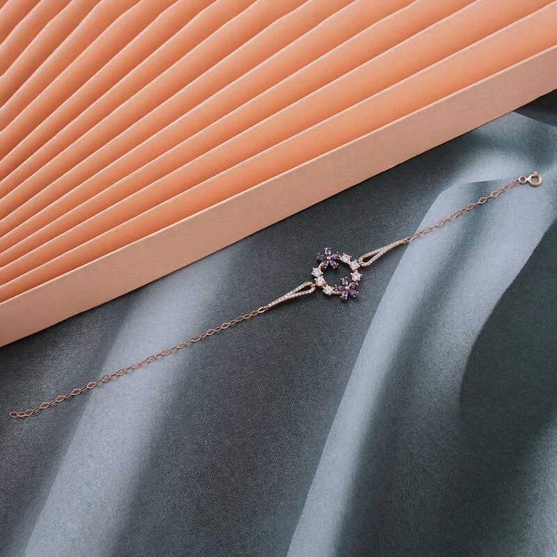 Gümüş Rose Mor Çiçek Kadın Bileklik - Görsel 2