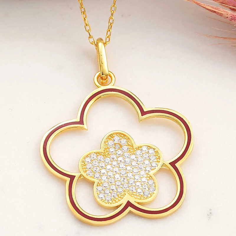 Gümüş Gold Çiçek Desenli Kadın Kolye