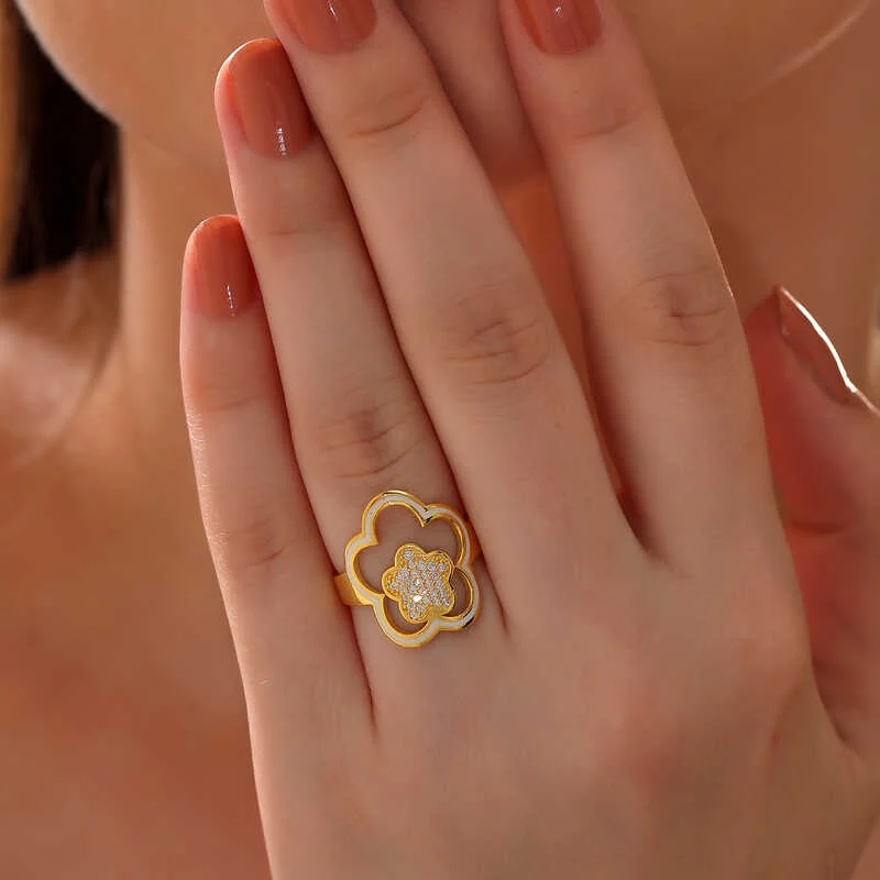 Gümüş Gold Çiçek Desenli Kadın Yüzük - Görsel 2