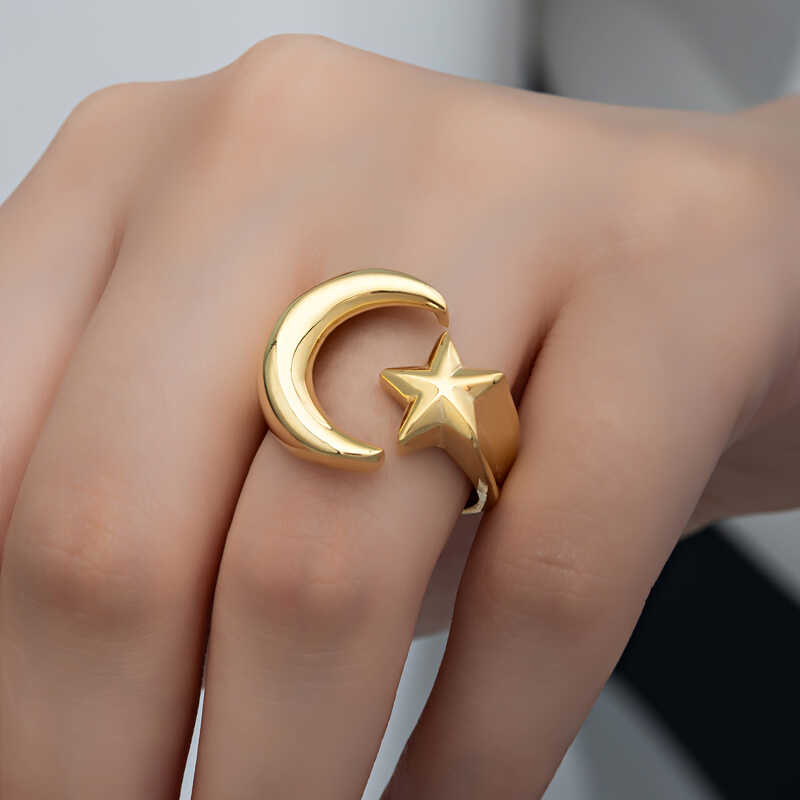 Gümüş Gold Ay Yıldız Kadın Yüzük - Görsel 3