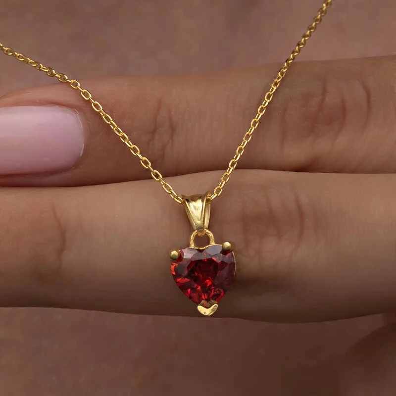 Gümüş Gold Kırmızı Taşlı Kalpli Kadın Kolye - Görsel 2