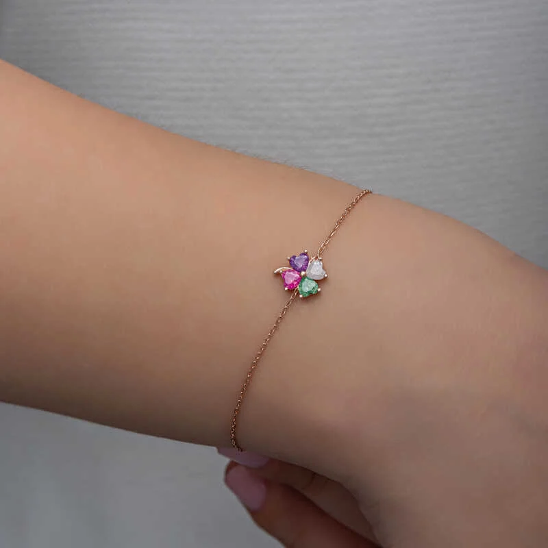 Gümüş Rose Renkli Taşlı Yonca Kadın Bileklik - Görsel 5