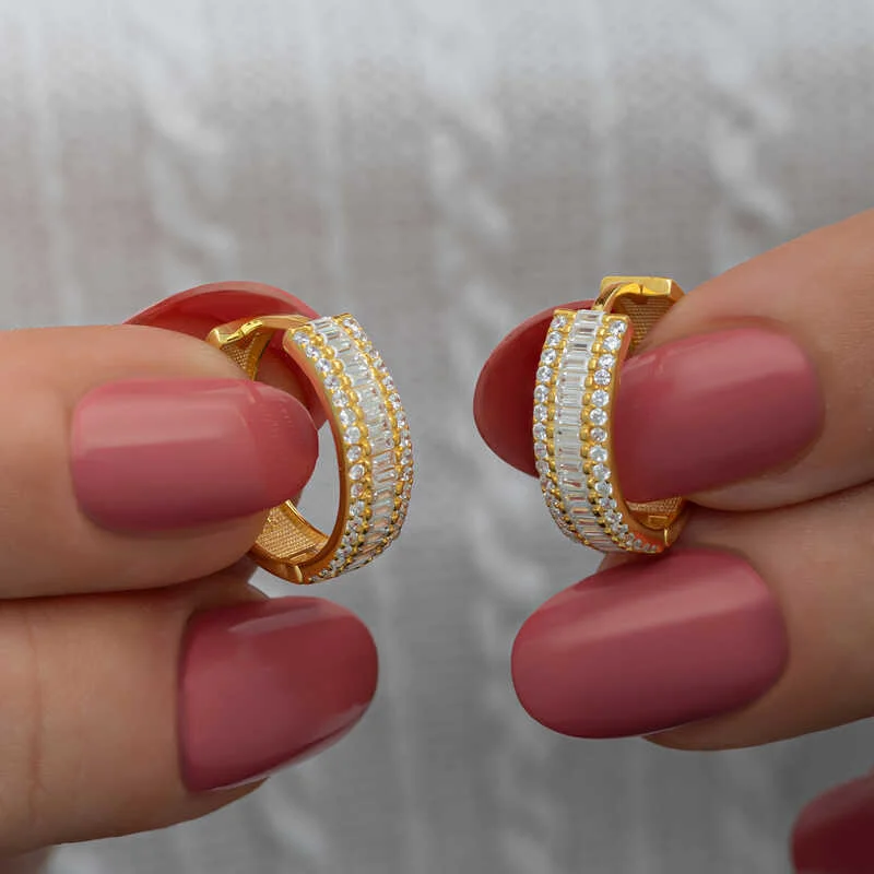 Gümüş Gold Baget Sıra Taşlı Halka Küpe - Görsel 2
