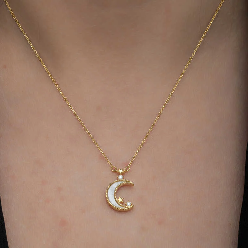 Gümüş Gold Ay Yıldız Kadın Kolye - Görsel 5
