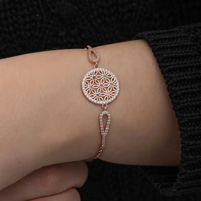 Gümüş Rose Renkli Yaşam Çiçeği Kadın Bileklik