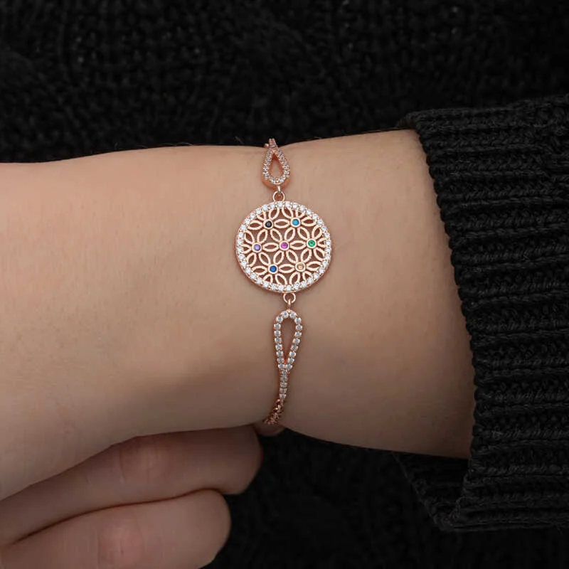 Gümüş Rose Renkli Yaşam Çiçeği Kadın Bileklik - Görsel 3