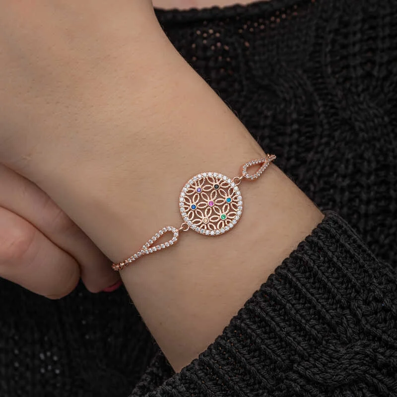 Gümüş Rose Renkli Yaşam Çiçeği Kadın Bileklik - Görsel 5