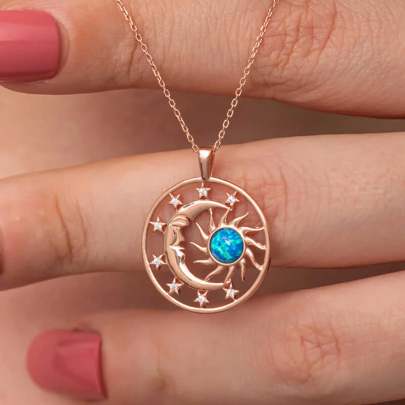 Gümüş Rose Opal Mavi Taşlı Ay Güneş Kadın Kolye - Görsel 2
