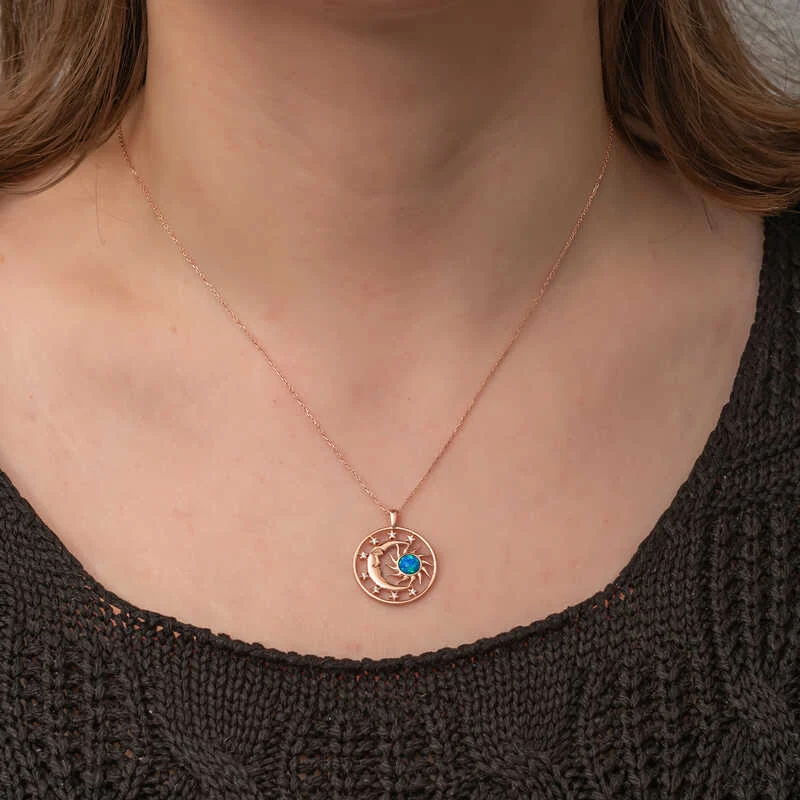 Gümüş Rose Opal Mavi Taşlı Ay Güneş Kadın Kolye - Görsel 3