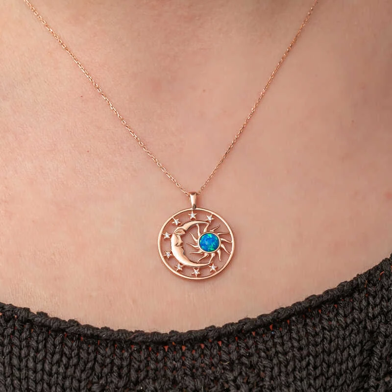 Gümüş Rose Opal Mavi Taşlı Ay Güneş Kadın Kolye - Görsel 4