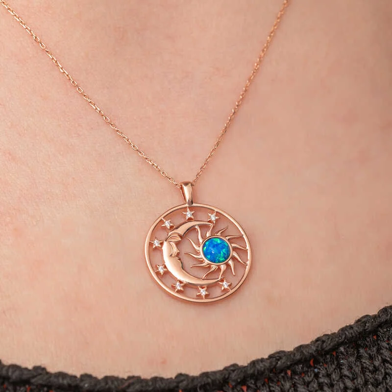 Gümüş Rose Opal Mavi Taşlı Ay Güneş Kadın Kolye - Görsel 5