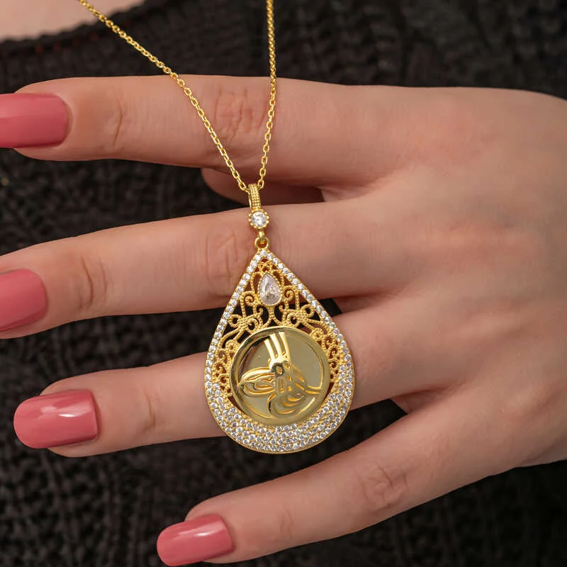Gümüş Gold Kaplama Damla Tuğralı Kadın Kolye - Görsel 4