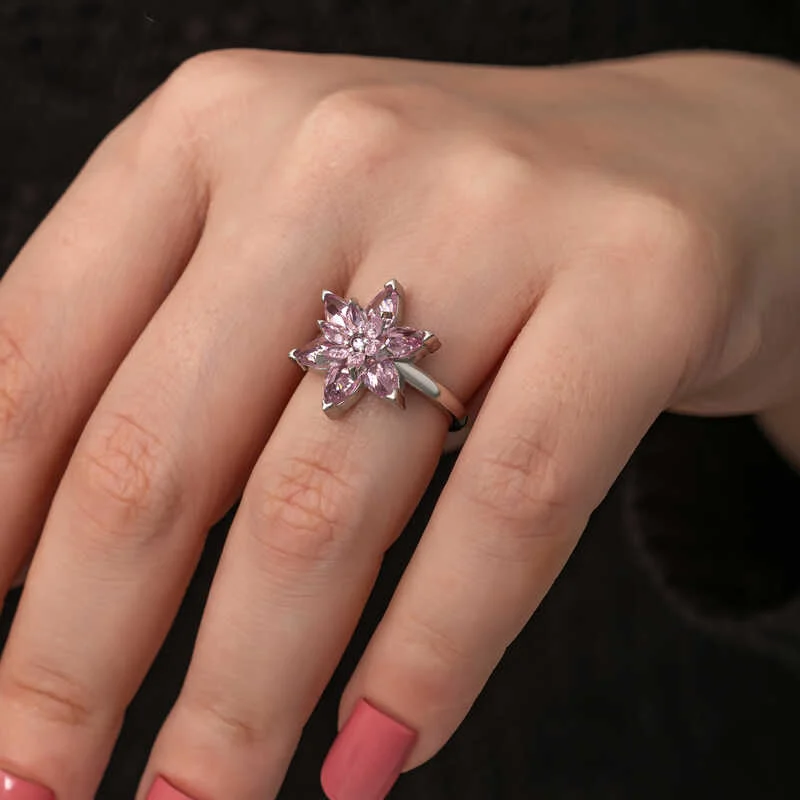 Gümüş Pembe Lotus Çiçeği Kadın Yüzük - Görsel 3