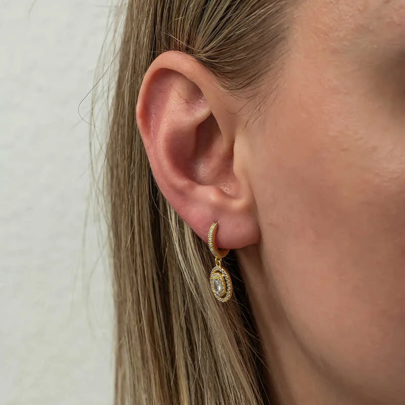 Gümüş Gold Oval Taşlı Sallantılı Küpe - Görsel 5
