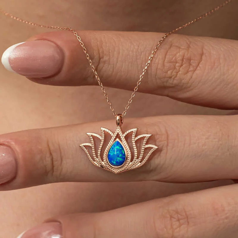 Gümüş Opal Taşlı Rose Lotus Çiçeği Kolye - Görsel 2