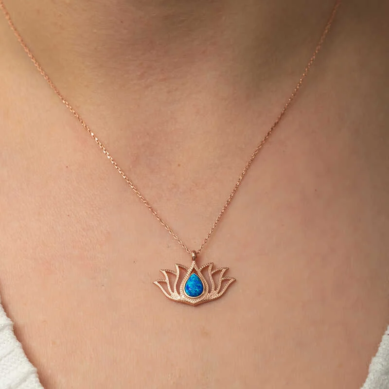 Gümüş Opal Taşlı Rose Lotus Çiçeği Kolye - Görsel 3