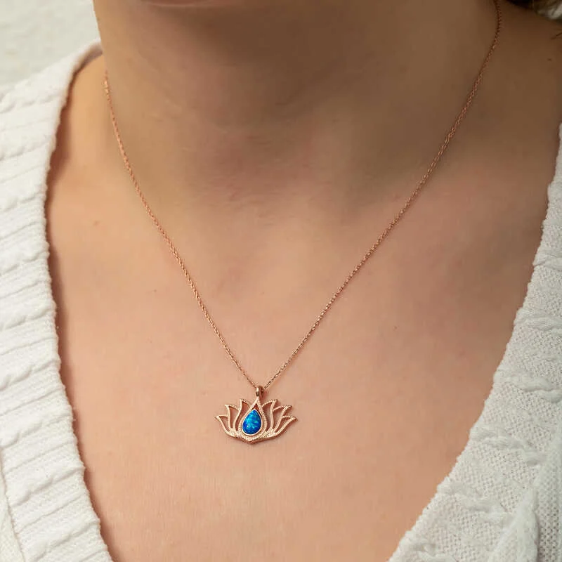 Gümüş Opal Taşlı Rose Lotus Çiçeği Kolye - Görsel 4