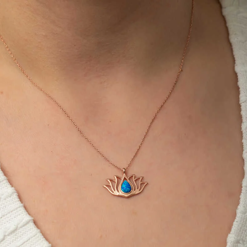 Gümüş Opal Taşlı Rose Lotus Çiçeği Kolye - Görsel 5