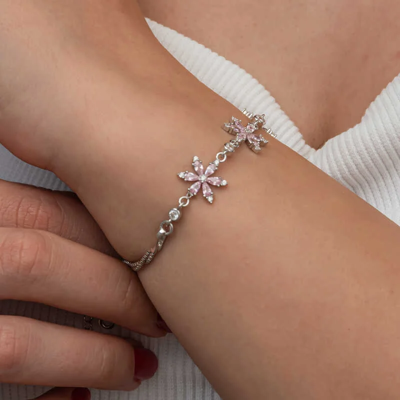 Gümüş Pembe Lotus Çiçeği Kadın Bileklik - Görsel 5