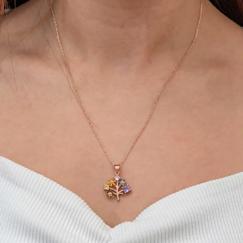 Gümüş Rose Renkli Hayat Ağacı Kadın Kolye - Görsel 4