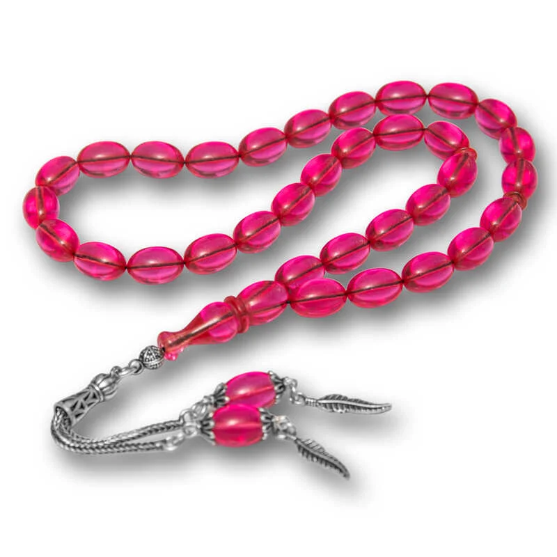 Gümüş Püsküllü Pembe Ateş Kehribar Tesbih