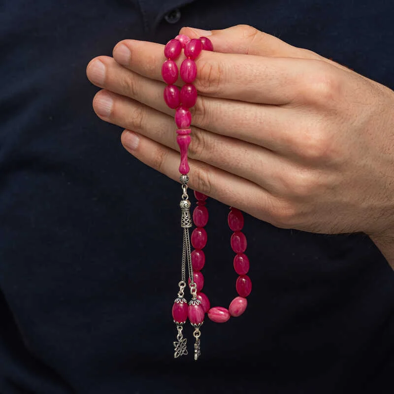 Gümüş Püsküllü Pembe Sıkma Kehribar Tesbih - Görsel 4