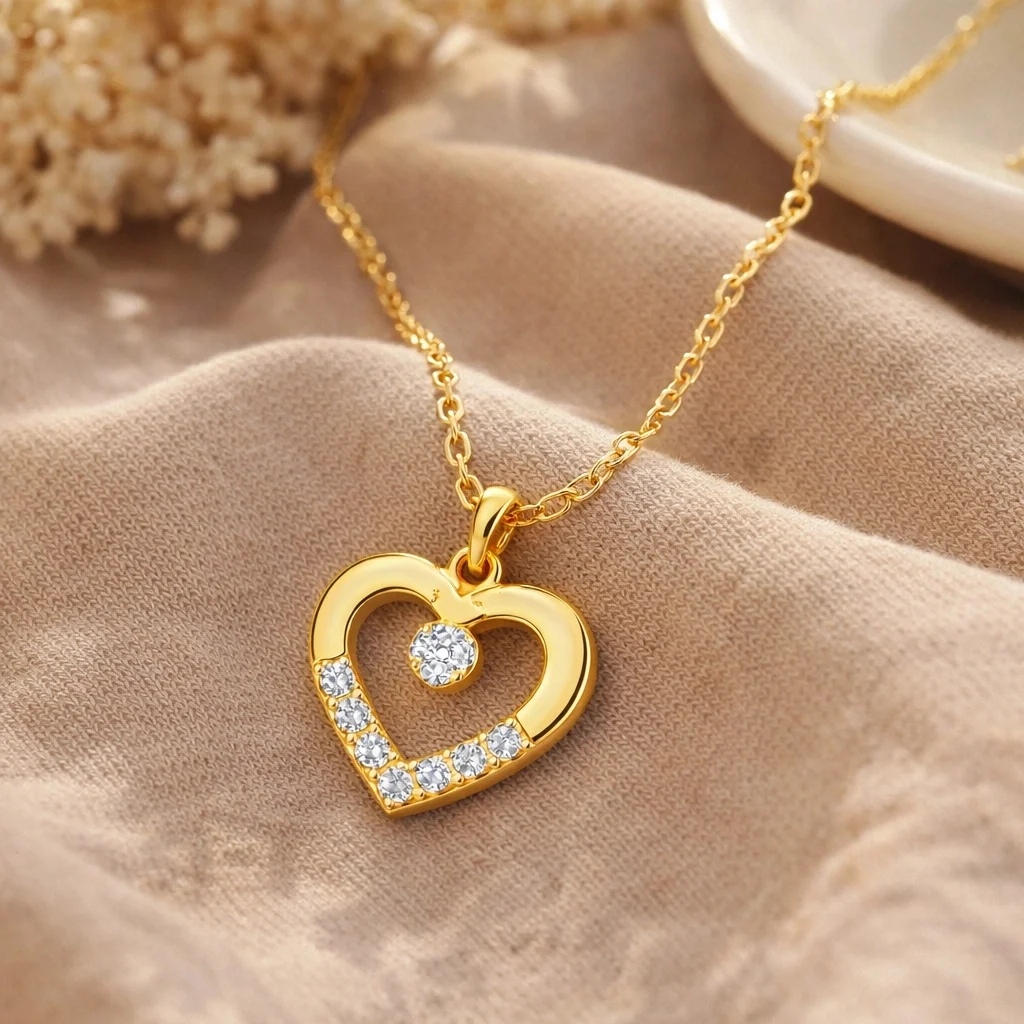 Gümüş Gold Minik Kalpli Tektaş Kadın Kolye - Görsel 2