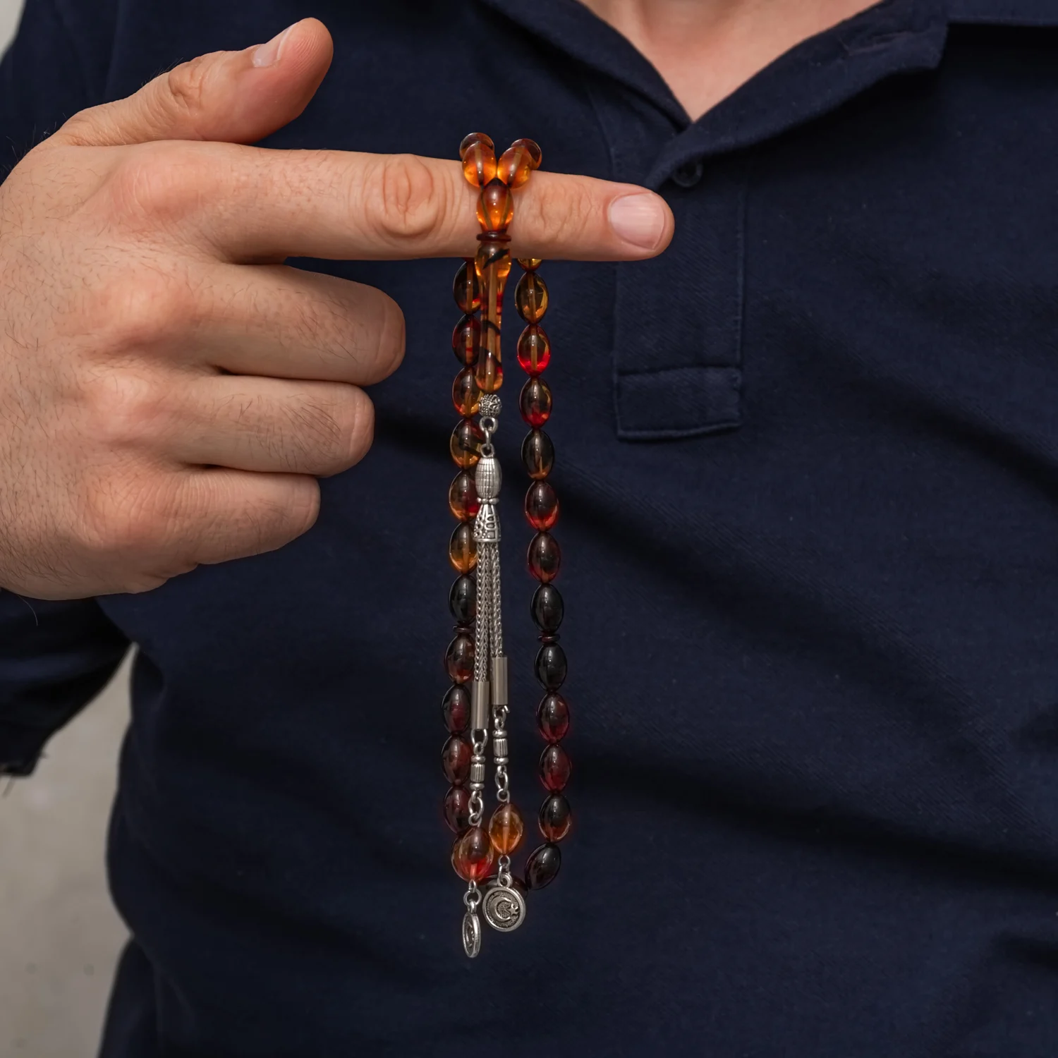 Metal Püsküllü Bordo Amber Sıkma Kehribar Tesbih - Görsel 3
