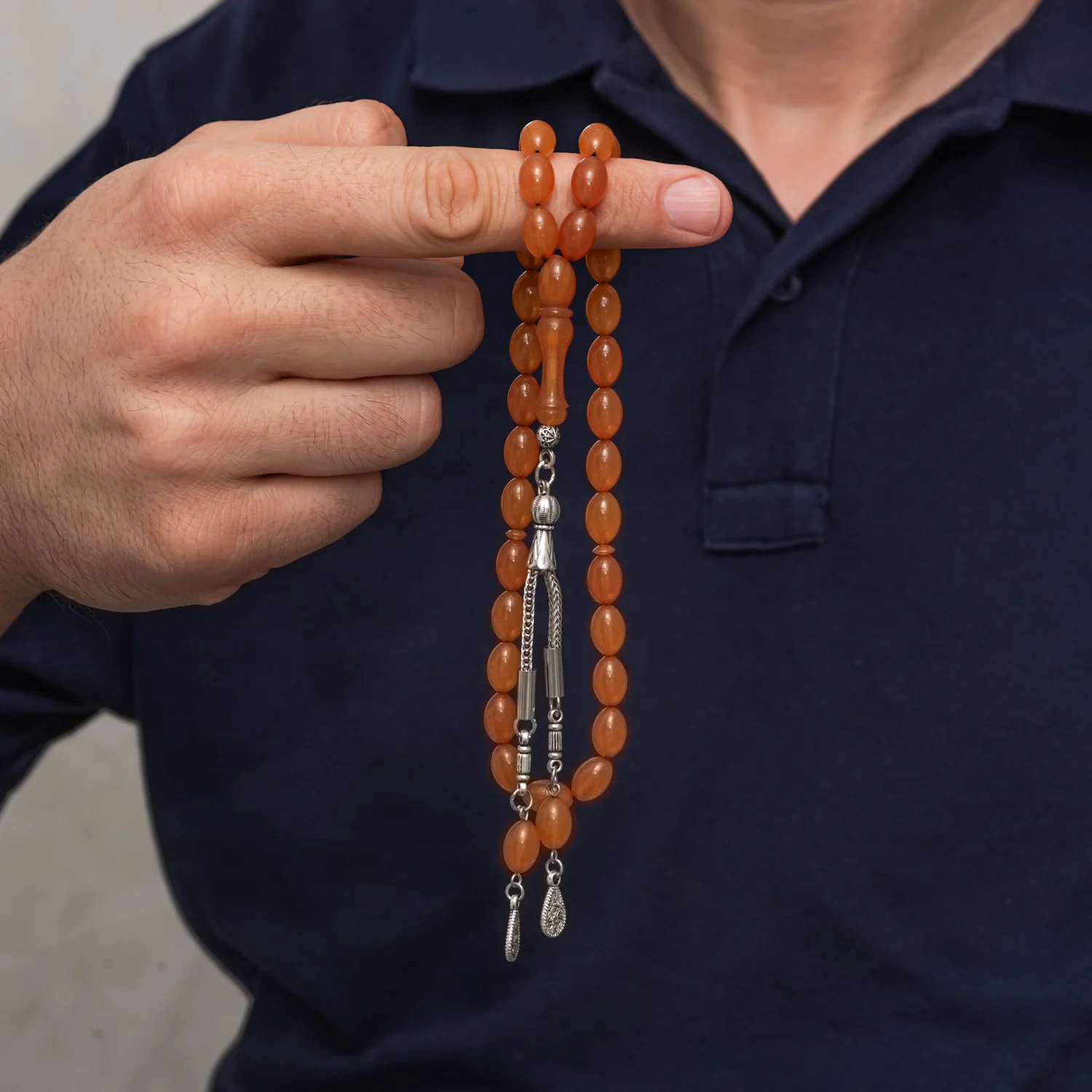 Metal Püsküllü 7x11 mm Turuncu Sıkma Kehribar Tesbih - Görsel 2