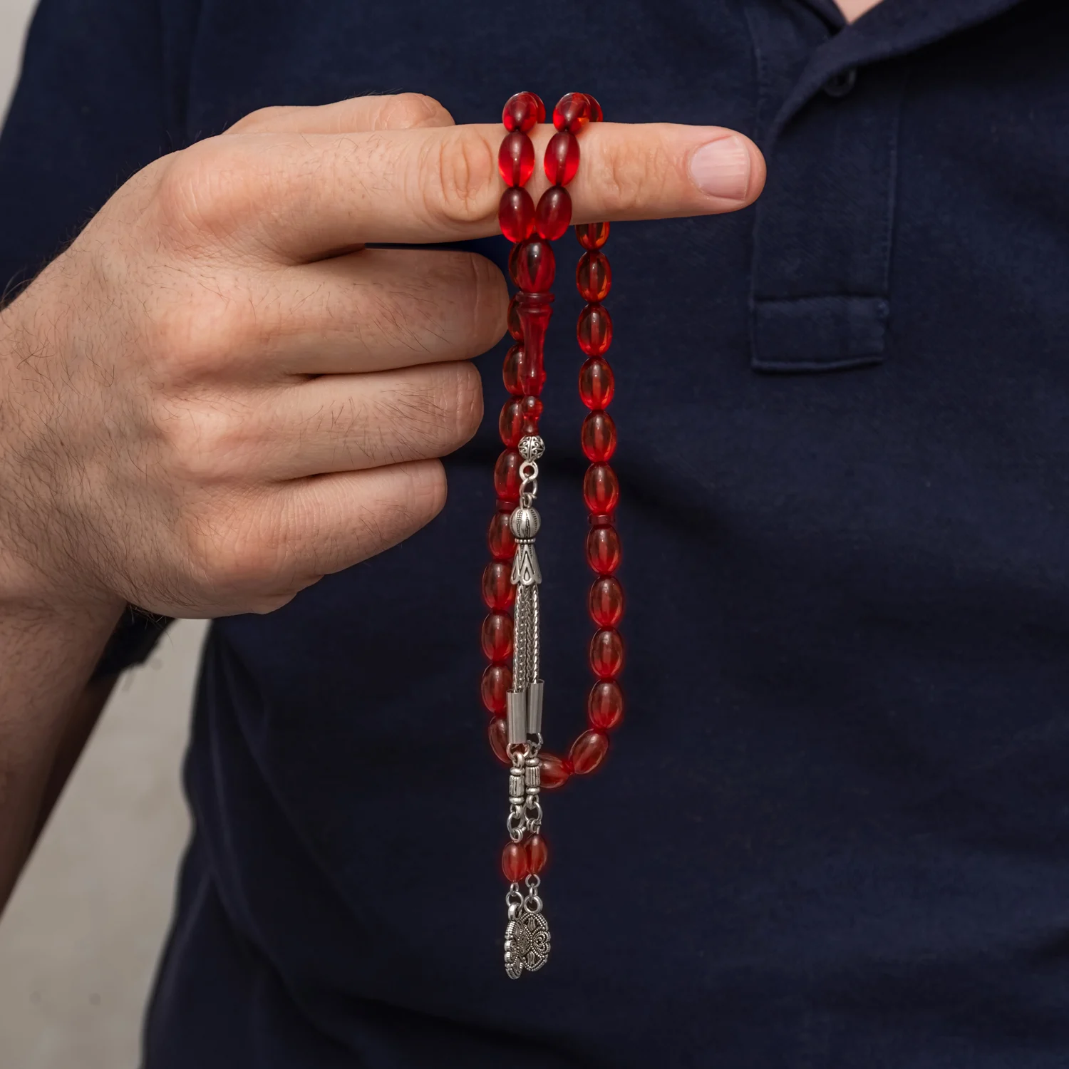Metal Püsküllü Arpa Kesim Sıkma Kehribar Tesbih - Görsel 2