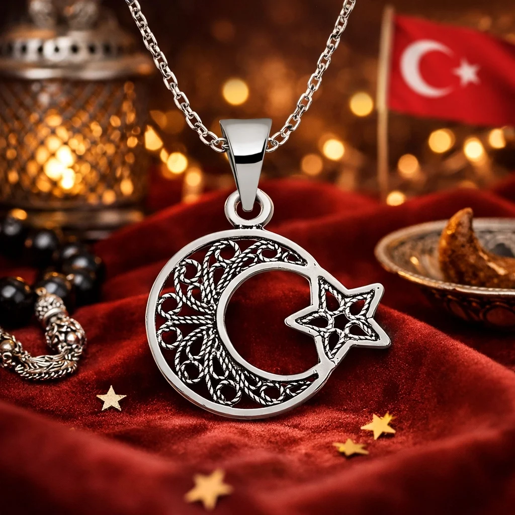 Gümüş Ay Yıldız Telkari Bayan Kolye - Görsel 2