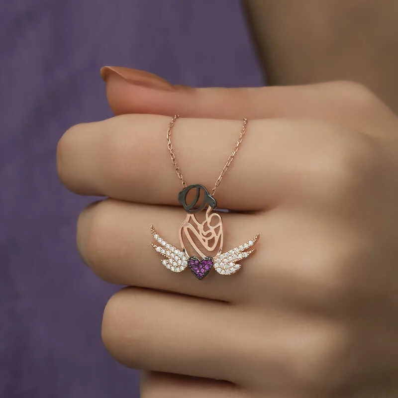 Gümüş Rose Kalpli Anne Ve Çocuk Kolye - Görsel 2